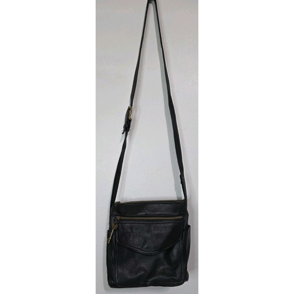 Vintage FOSSIL Black Leather Crossbody Shoulder Bag Purse Adjustable Buckle Moto